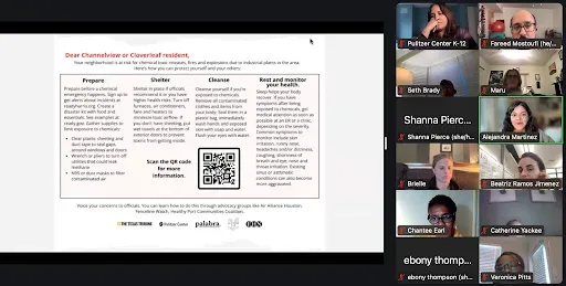 Zoom screenshot of educators connecting with journalist Alejandra Martinez.